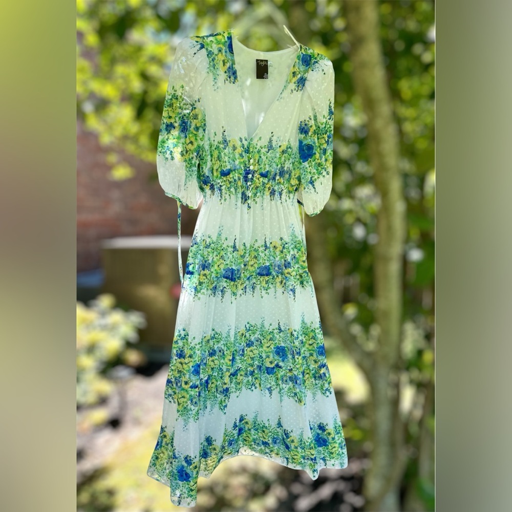 Taylor Floral Blue and Green Maxi V Neck Dress with Sheer Polka Dot Womens 10 - Picture 2 of 4